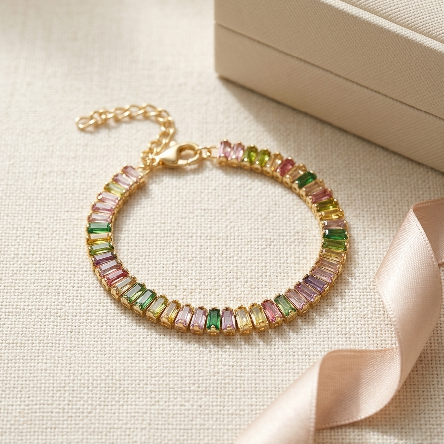 Anti-Tarnish Multi-Color Tennis Bracelet | Gold Baguette Crystal Eternity Chain