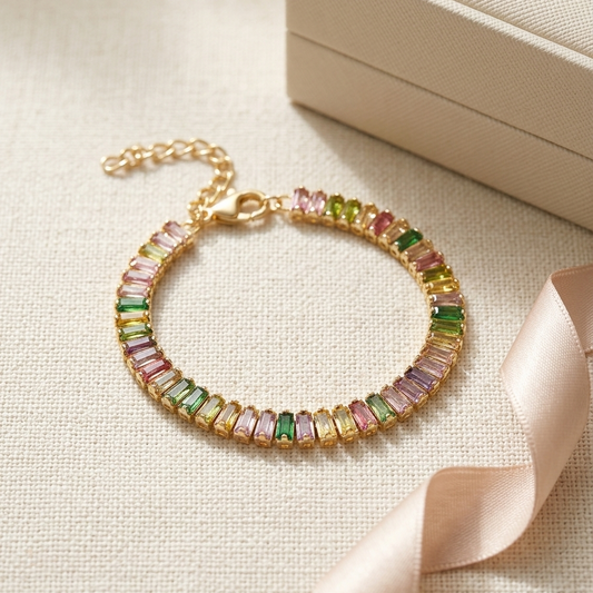 Anti-Tarnish Multi-Color Tennis Bracelet | Gold Baguette Crystal Eternity Chain