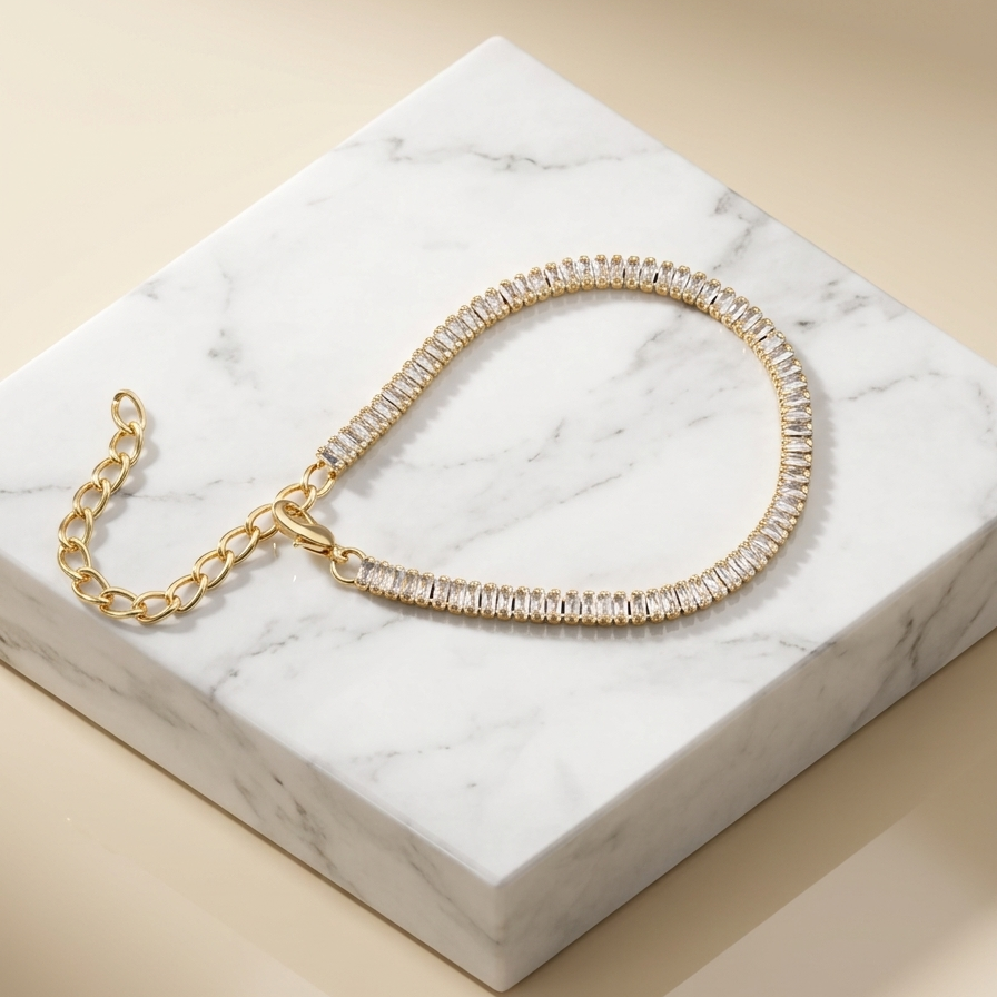 Anti-Tarnish Classic White Tennis Bracelet | Gold Round Crystal Eternity Chain
