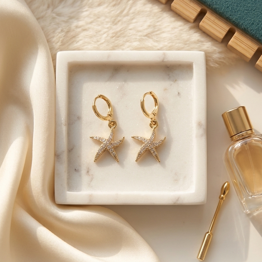 Sparkling Pavé Crystal Starfish Huggie Drop Earrings | Nautical Dangle Earrings for Women