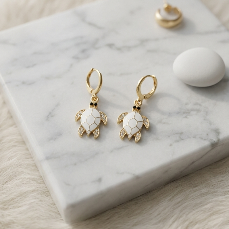 Coastal Sea Turtle Huggie Drop Earrings | White Enamel & Pavé Crystal Turtle Earrings for Women