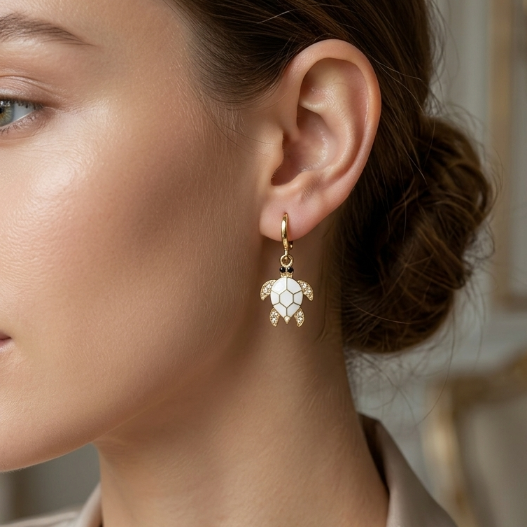 Coastal Sea Turtle Huggie Drop Earrings | White Enamel & Pavé Crystal Turtle Earrings for Women