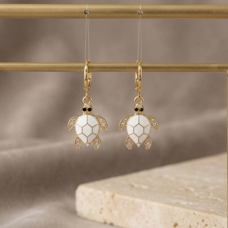 Coastal Sea Turtle Huggie Drop Earrings | White Enamel & Pavé Crystal Turtle Earrings for Women