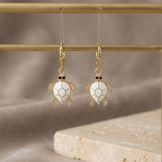 Coastal Sea Turtle Huggie Drop Earrings | White Enamel & Pavé Crystal Turtle Earrings for Women