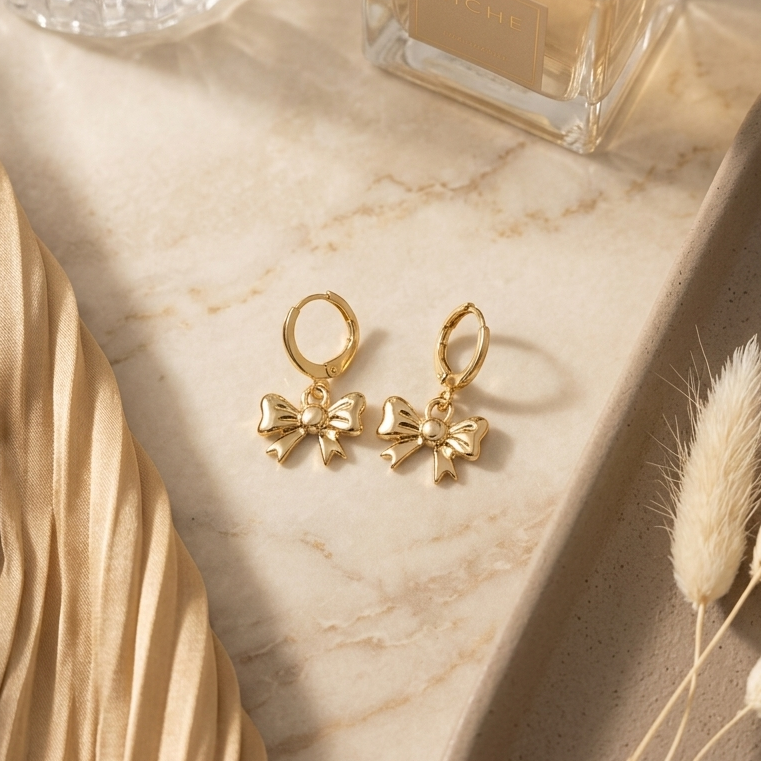 Coquette Structured Bow Huggie Drop Earrings | Textured Ribbon Dangle Earrings for Women