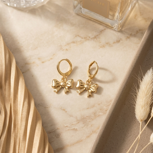 Coquette Structured Bow Huggie Drop Earrings | Textured Ribbon Dangle Earrings for Women