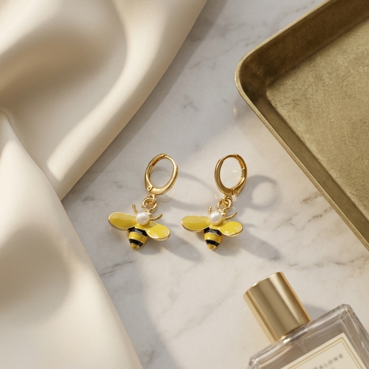 Whimsical Enamel Bumblebee Huggie Drop Earrings | Yellow Bee & Pearl Accent Earrings for Women