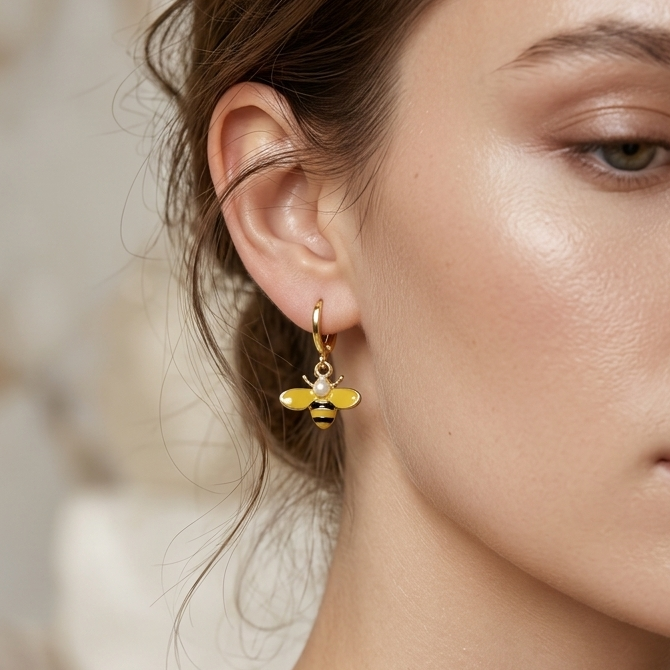 Whimsical Enamel Bumblebee Huggie Drop Earrings | Yellow Bee & Pearl Accent Earrings for Women