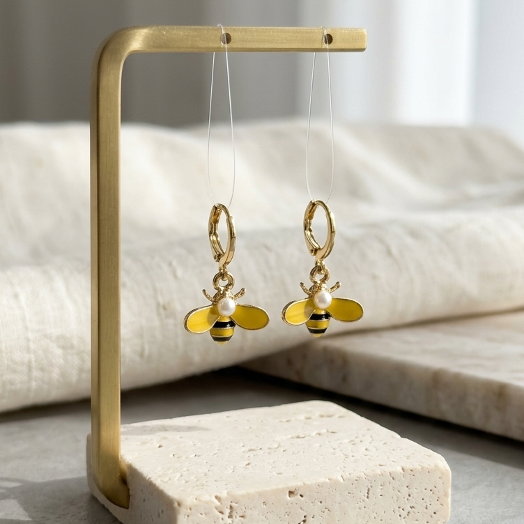 Whimsical Enamel Bumblebee Huggie Drop Earrings | Yellow Bee & Pearl Accent Earrings for Women