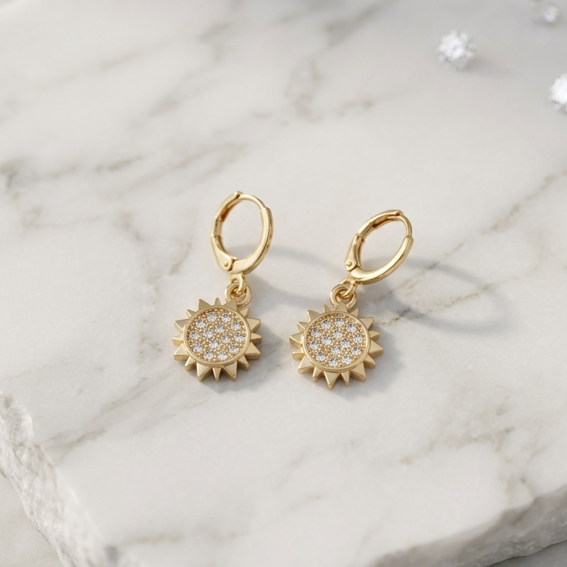 Celestial Sunburst Huggie Drop Earrings | Micro-Pavé Crystal Sun Medallion Earrings for Women