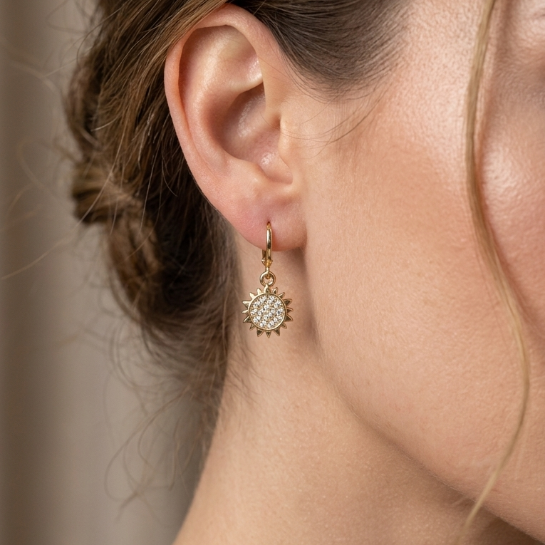 Celestial Sunburst Huggie Drop Earrings | Micro-Pavé Crystal Sun Medallion Earrings for Women