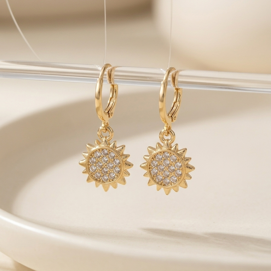 Celestial Sunburst Huggie Drop Earrings | Micro-Pavé Crystal Sun Medallion Earrings for Women
