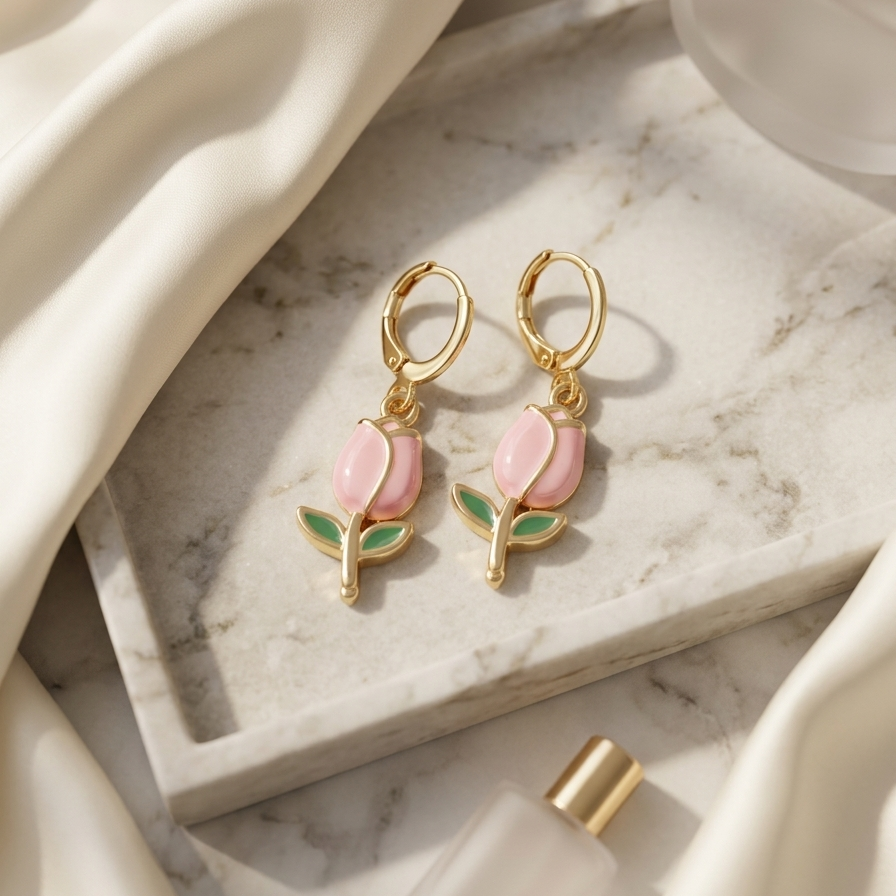Dainty Enamel Tulip Huggie Drop Earrings | Pink Flower Botanical Earrings for Women