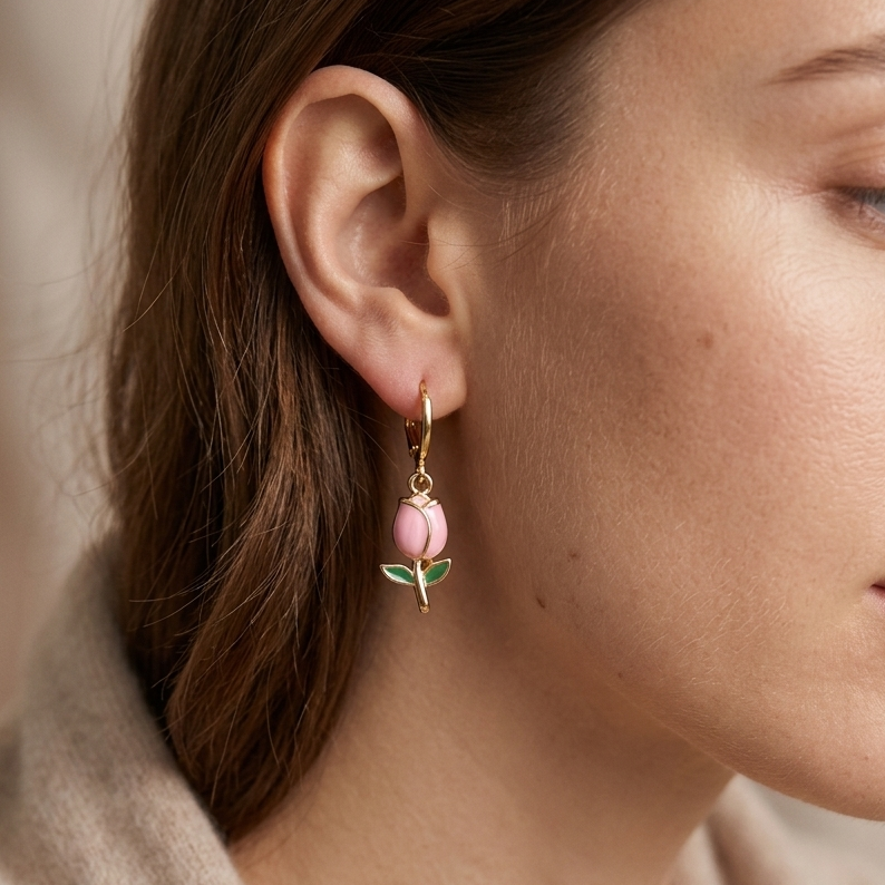 Dainty Enamel Tulip Huggie Drop Earrings | Pink Flower Botanical Earrings for Women