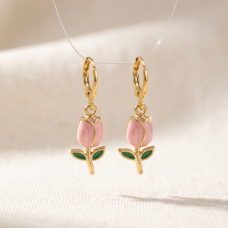 Dainty Enamel Tulip Huggie Drop Earrings | Pink Flower Botanical Earrings for Women