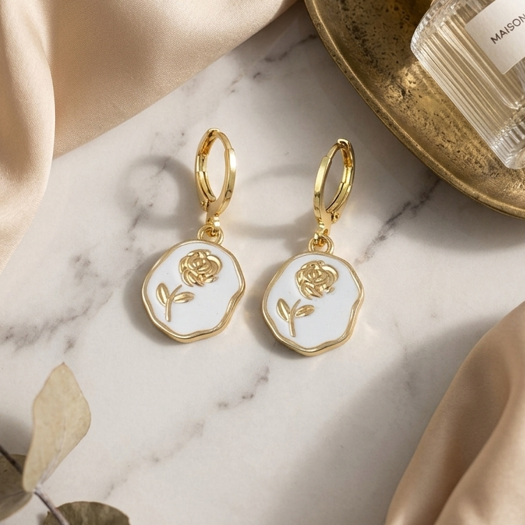 Dainty Enamel Rose Coin Huggie Drop Earrings | Gold Floral Botanical Earrings for Women