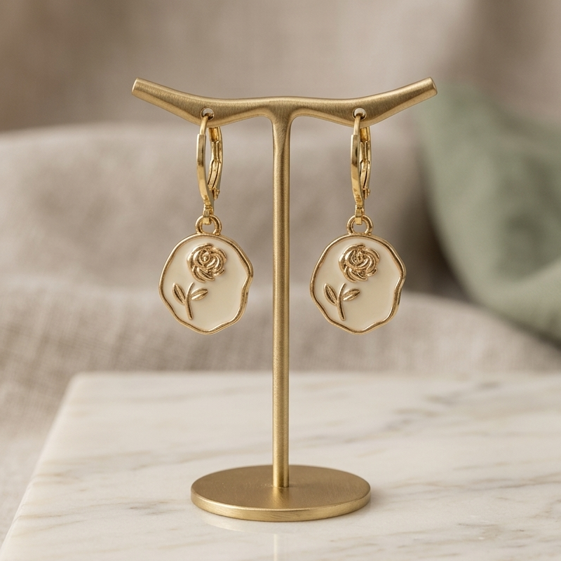 Dainty Enamel Rose Coin Huggie Drop Earrings | Gold Floral Botanical Earrings for Women