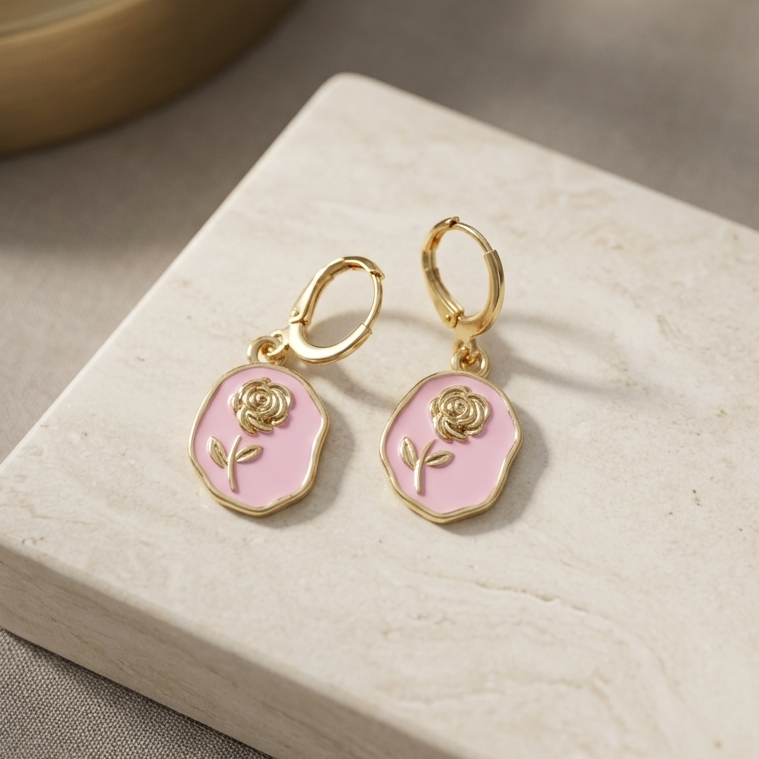 Dainty Pink Enamel Rose Coin Huggie Drop Earrings | Gold Floral Botanical Earrings for Women