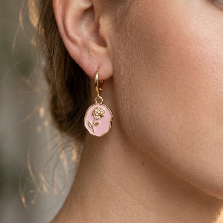 Dainty Pink Enamel Rose Coin Huggie Drop Earrings | Gold Floral Botanical Earrings for Women