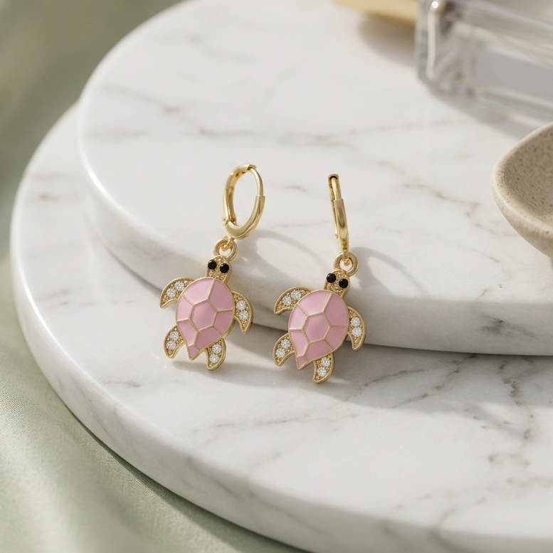 Coastal Sea Turtle Huggie Drop Earrings | Pink Enamel & Pavé Crystal Turtle Earrings for Women