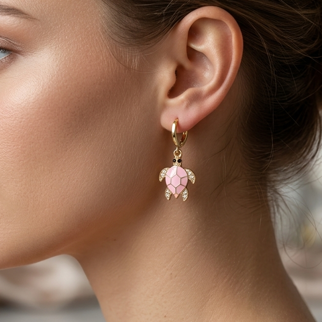 Coastal Sea Turtle Huggie Drop Earrings | Pink Enamel & Pavé Crystal Turtle Earrings for Women