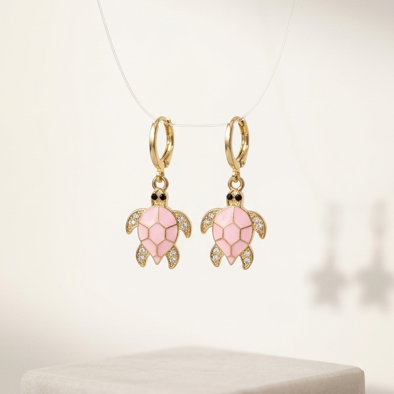 Coastal Sea Turtle Huggie Drop Earrings | Pink Enamel & Pavé Crystal Turtle Earrings for Women