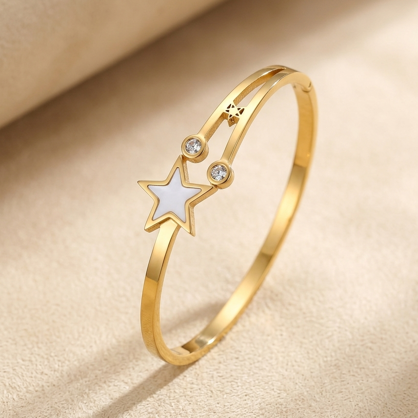 Luxury Golden Polish Anti-Tarnish Star Bangle | Adjustable Shimmering Crystal Celestial Stacking Bracelet