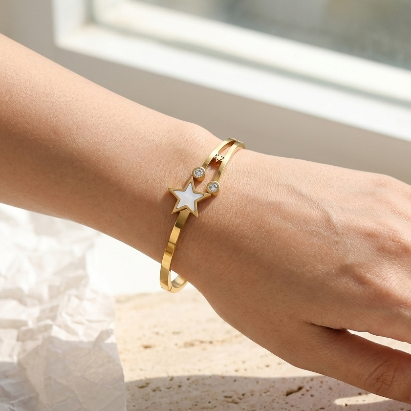 Luxury Golden Polish Anti-Tarnish Star Bangle | Adjustable Shimmering Crystal Celestial Stacking Bracelet