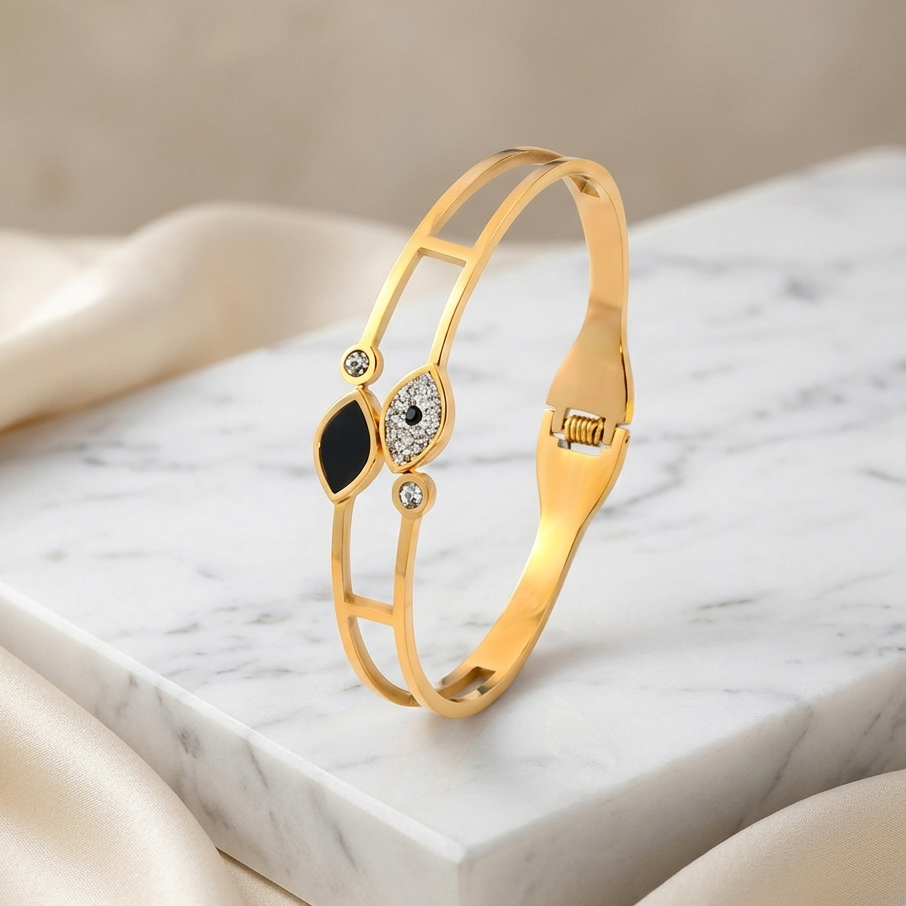 Contrast Evil Eye Split Band Bangle | Minimalist Secure Clasp Spiritual Stacking Bracelet