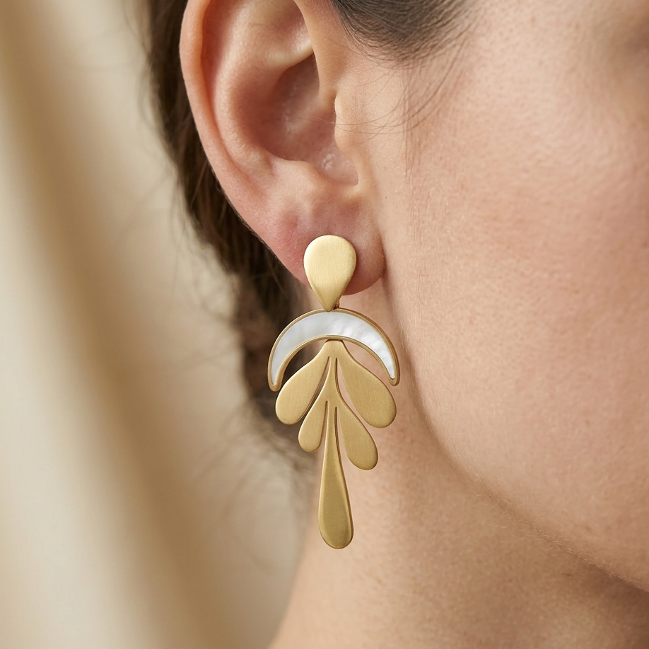 Bohemian Gold Leaf Crescent Drop Earrings | Mother of Pearl Geometric Statement Earrings for Women
