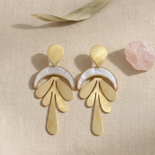 Bohemian Gold Leaf Crescent Drop Earrings | Mother of Pearl Geometric Statement Earrings for Women