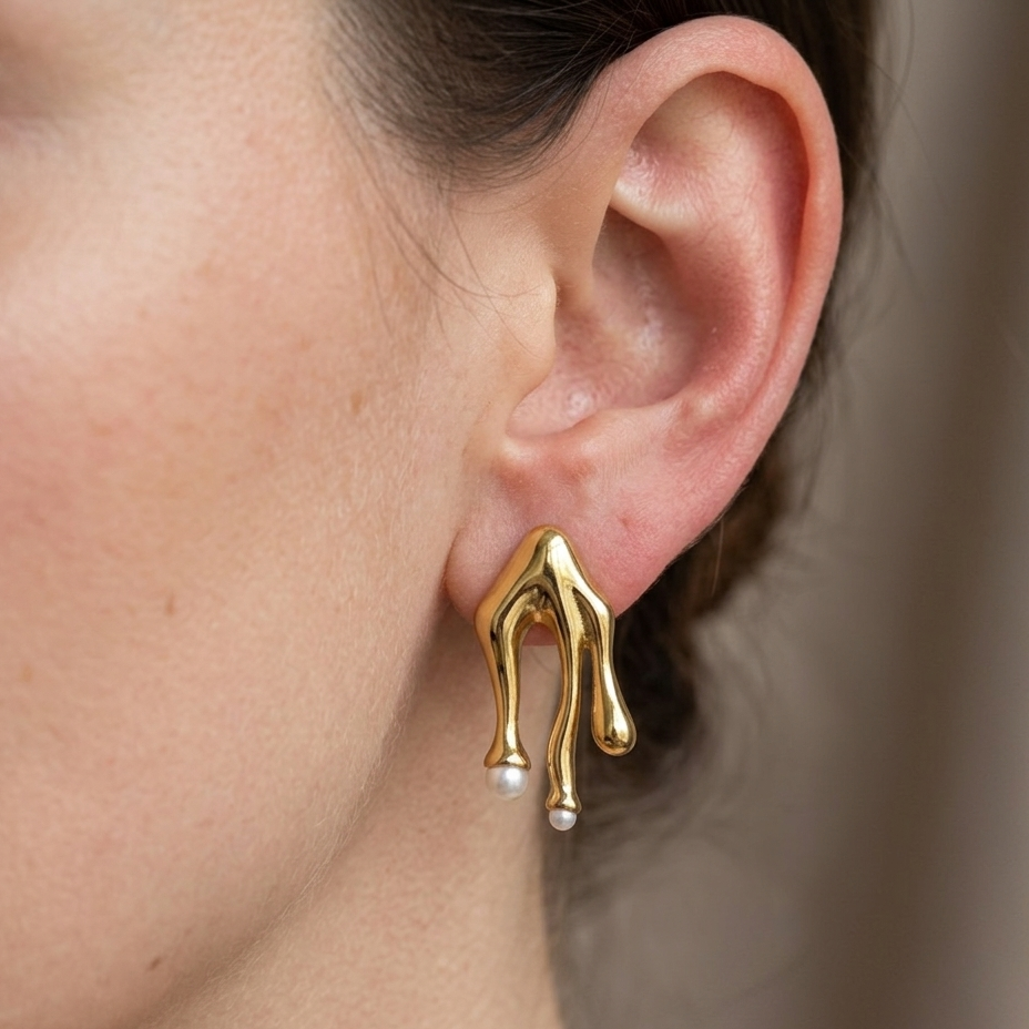Abstract Liquid Gold Drip Pearl Earrings | Minimalist Molten Lava Statement Stud Earrings for Women