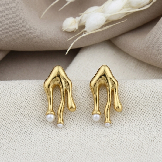 Abstract Liquid Gold Drip Pearl Earrings | Minimalist Molten Lava Statement Stud Earrings for Women