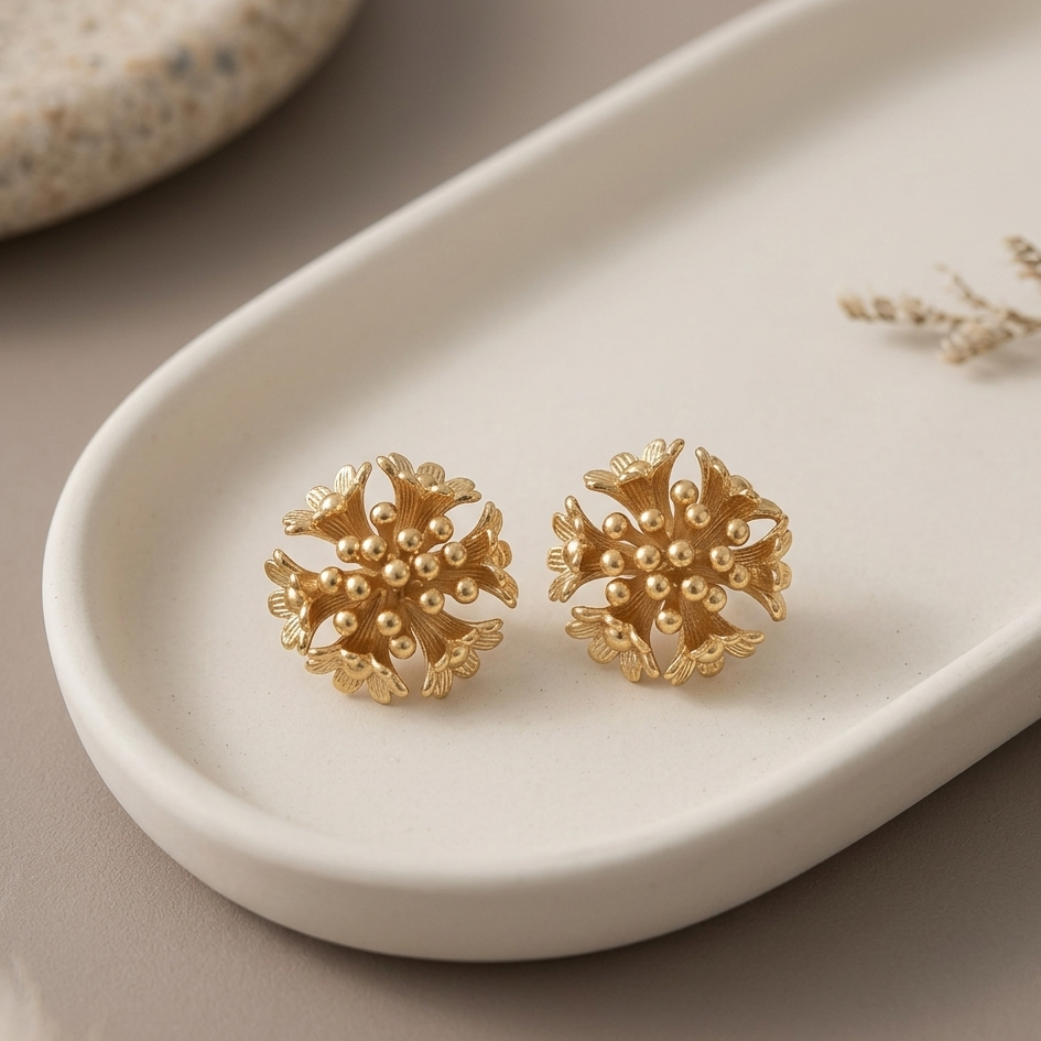 Vintage Gold Floral Statement Stud Earrings | Textured Botanical Cluster Earrings for Women