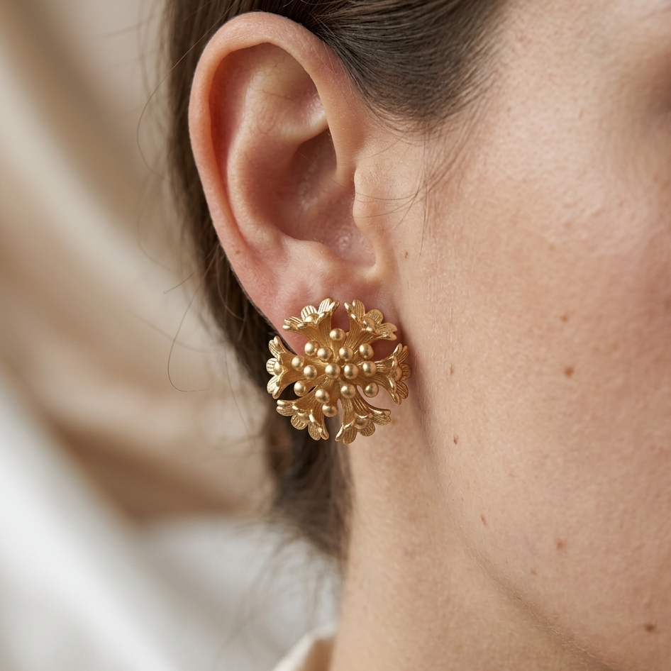 Vintage Gold Floral Statement Stud Earrings | Textured Botanical Cluster Earrings for Women