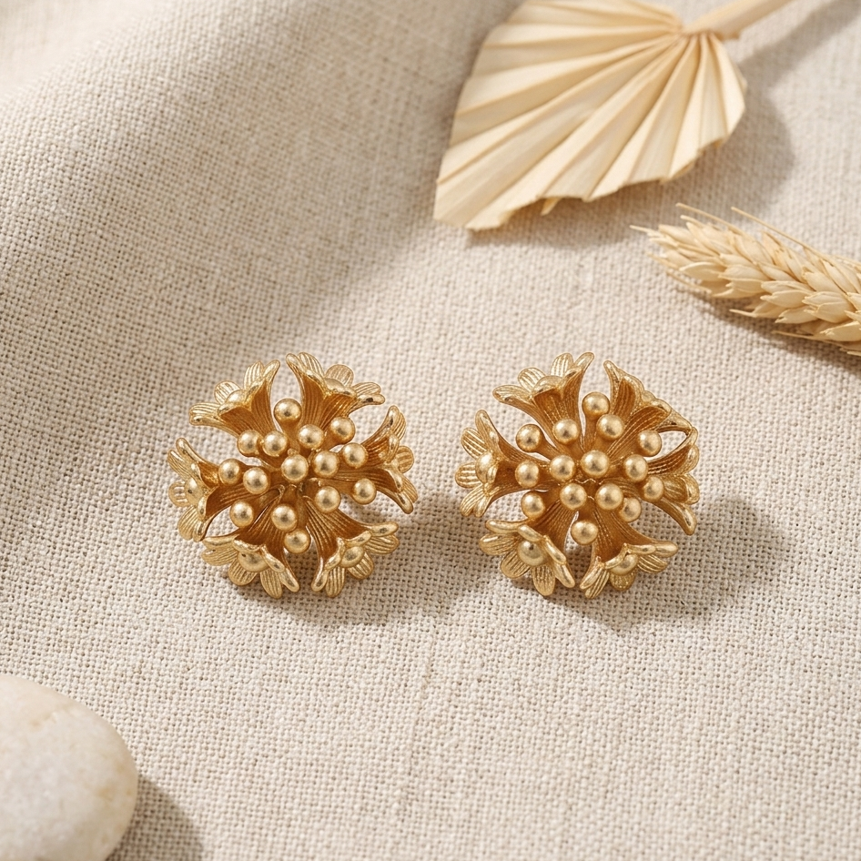 Vintage Gold Floral Statement Stud Earrings | Textured Botanical Cluster Earrings for Women