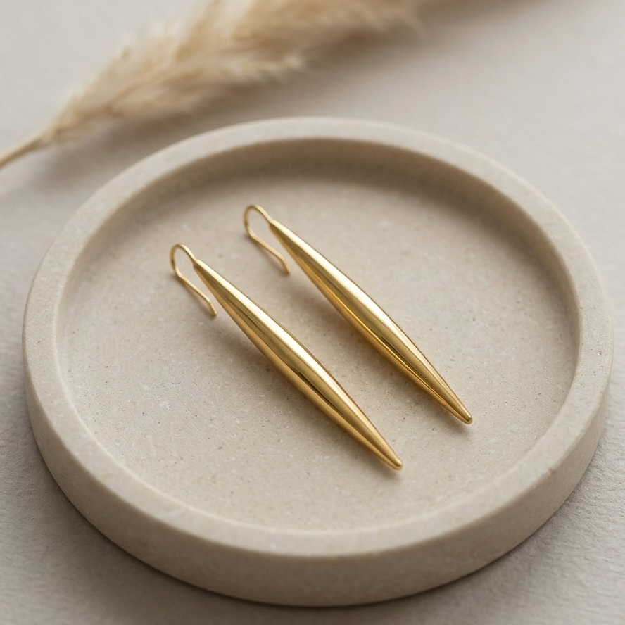 Minimalist Gold Marquise Drop Earrings | Dainty Sleek Tapered Stick Dangle Earrings for Women