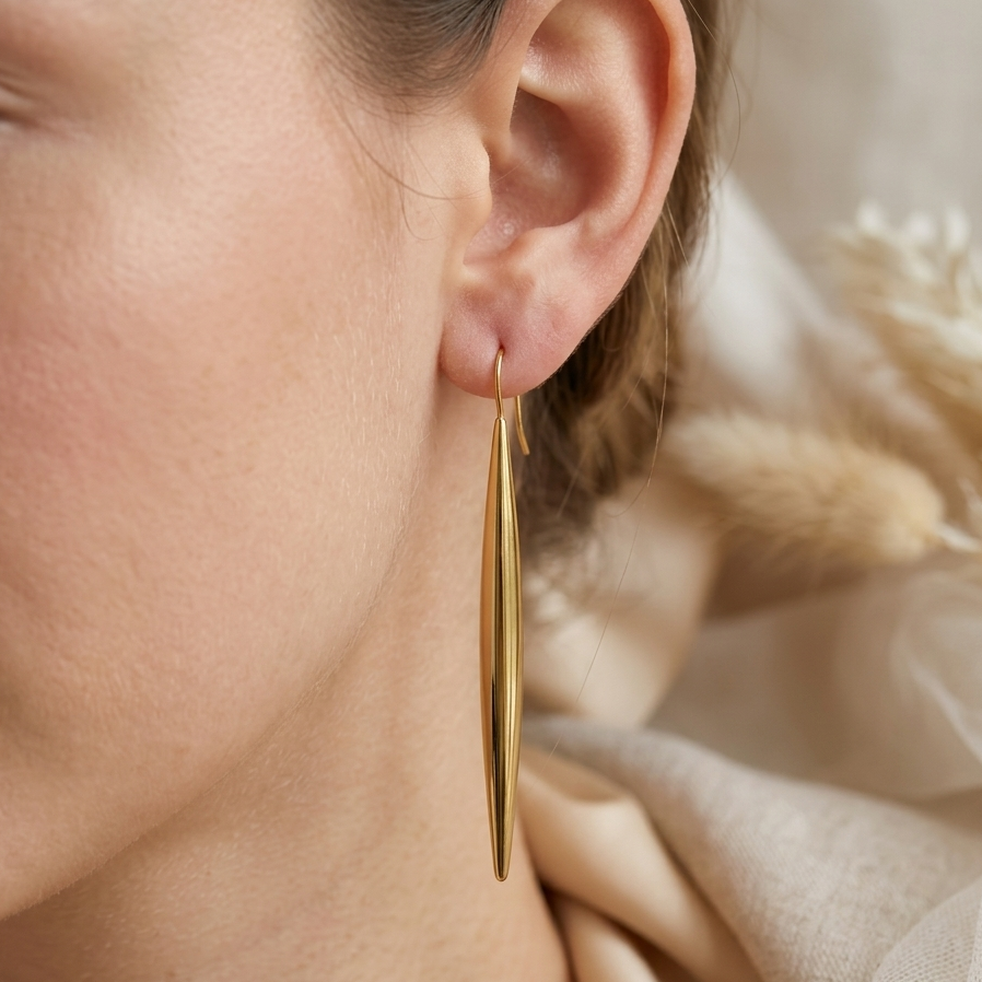 Minimalist Gold Marquise Drop Earrings | Dainty Sleek Tapered Stick Dangle Earrings for Women