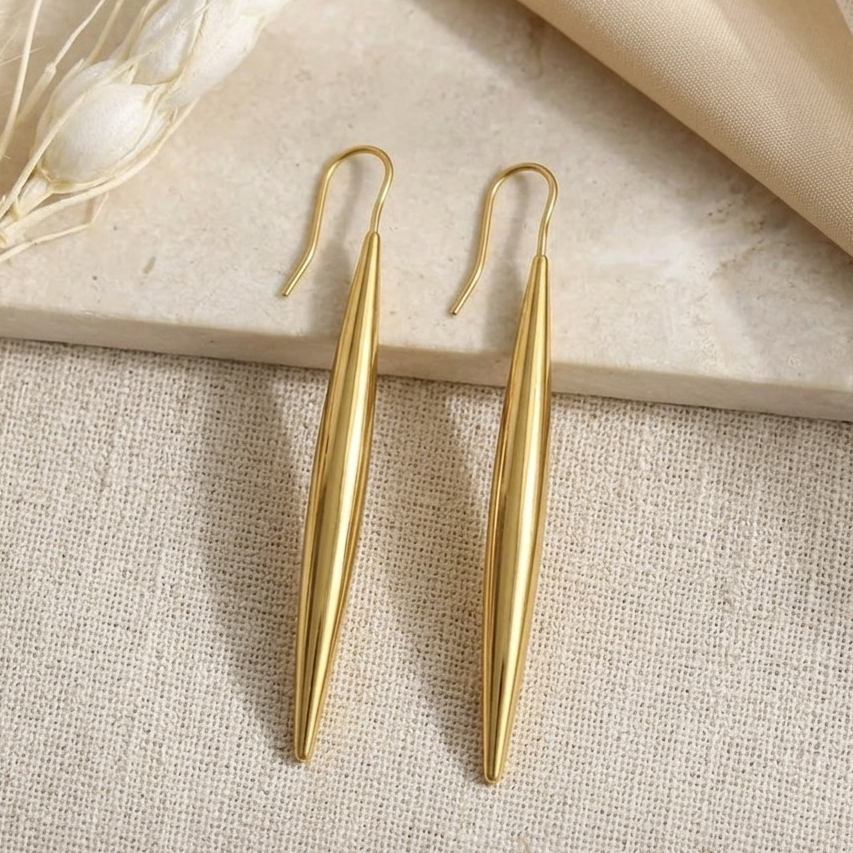 Minimalist Gold Marquise Drop Earrings | Dainty Sleek Tapered Stick Dangle Earrings for Women
