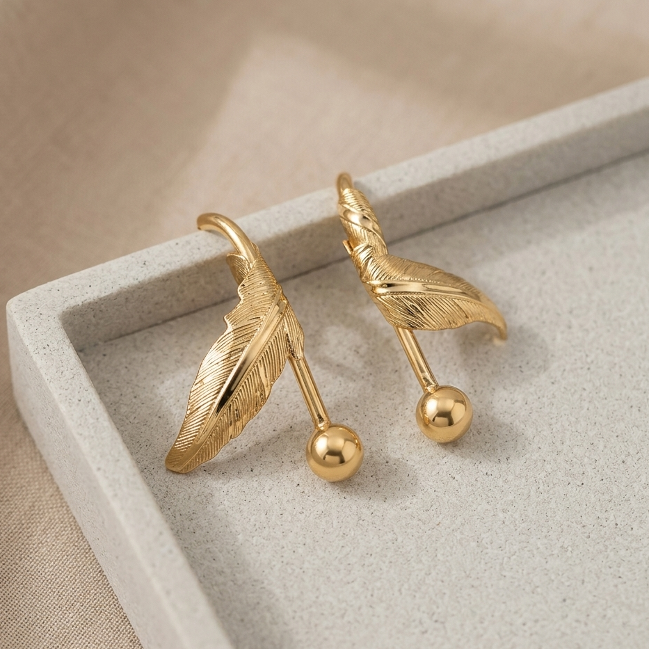Dainty Gold Feather Safety Pin Drop Earrings | Minimalist Botanical Barbell Dangle Earrings for Women