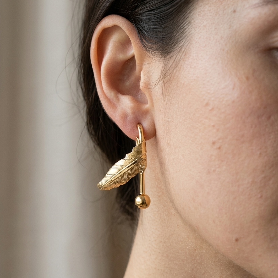 Dainty Gold Feather Safety Pin Drop Earrings | Minimalist Botanical Barbell Dangle Earrings for Women