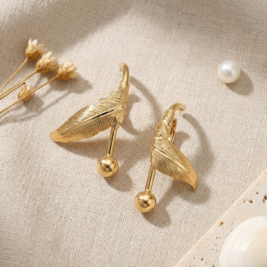 Dainty Gold Feather Safety Pin Drop Earrings | Minimalist Botanical Barbell Dangle Earrings for Women