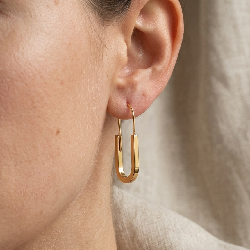 Minimalist Gold U Shaped Safety Pin Earrings | Dainty Sleek Oval Hoop Threader Earrings for Women