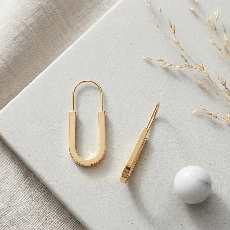 Minimalist Gold U Shaped Safety Pin Earrings | Dainty Sleek Oval Hoop Threader Earrings for Women