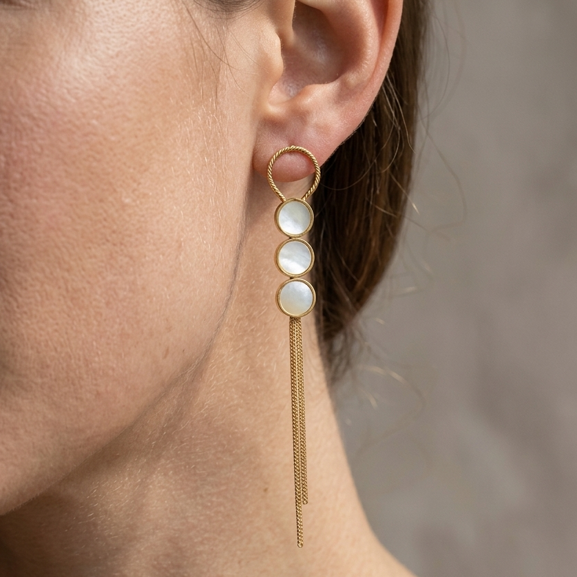 Dainty Mother of Pearl Tiered Drop Earrings | Gold Geometric Long Chain Fringe Earrings for Women