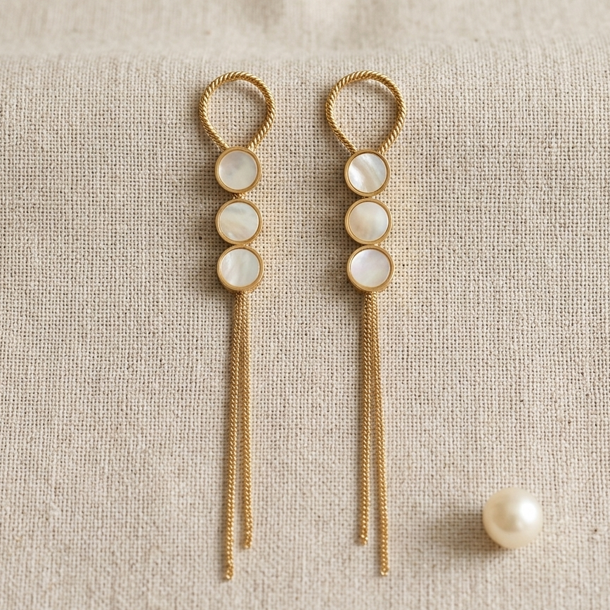Dainty Mother of Pearl Tiered Drop Earrings | Gold Geometric Long Chain Fringe Earrings for Women