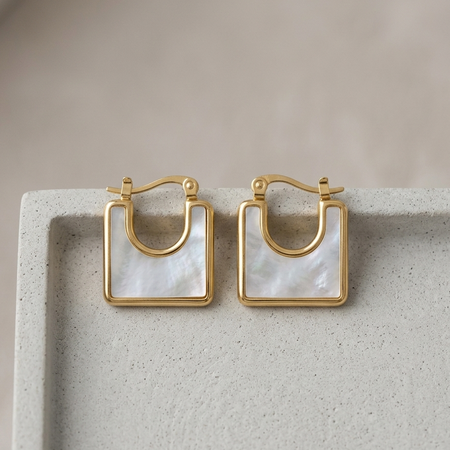 Minimalist Mother of Pearl Square Hoop Earrings | Gold Geometric U Shaped Huggie Earrings for Women