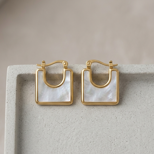 Minimalist Mother of Pearl Square Hoop Earrings | Gold Geometric U Shaped Huggie Earrings for Women