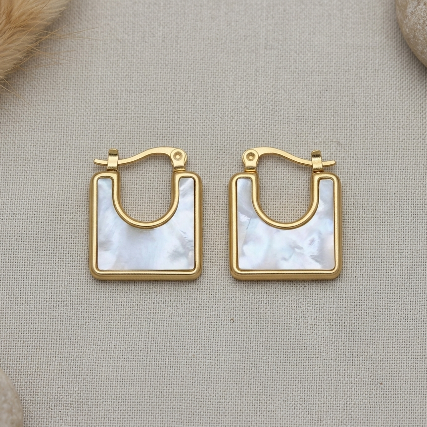 Minimalist Mother of Pearl Square Hoop Earrings | Gold Geometric U Shaped Huggie Earrings for Women