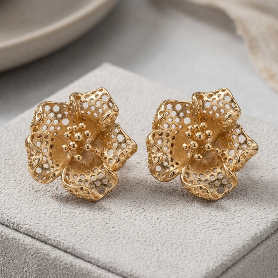 Dainty Gold Filigree Floral Statement Stud Earrings | Textured Mesh Botanical Cluster Earrings for Women